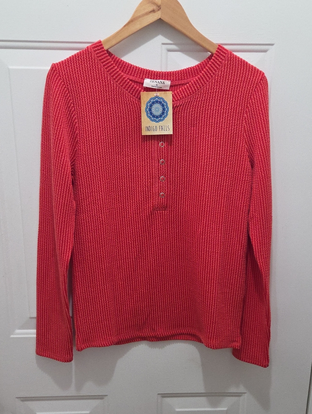 Zenana Indigo Falls Red Ribbed Henley Top L
